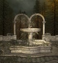 Old fountain in a misty woodland Royalty Free Stock Photo